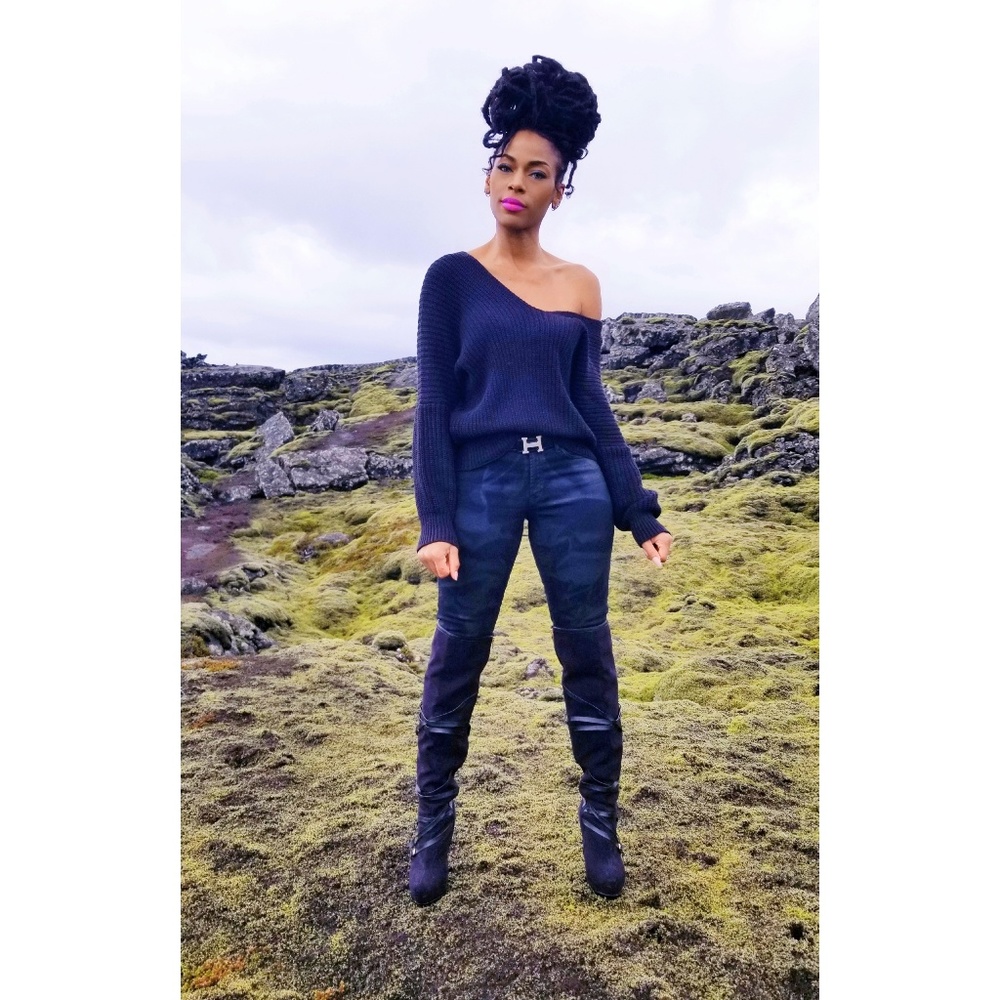 Split V-Neckline Black Carly Sweater
